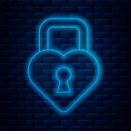 Glowing neon line Castle in the shape of a heart icon isolated on brick wall background. Locked Heart. Love symbol and keyhole sign. Vectorのイラスト素材