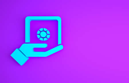 Blue Safe in hand icon isolated on purple background. Insurance concept. Security, safety, protection, protect concept. Minimalism concept. 3d illustration 3D renderの写真素材