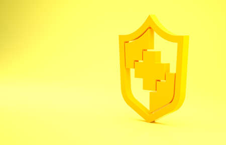 Yellow Life insurance with shield icon isolated on yellow background. Security, safety, protection, protect concept. Minimalism concept. 3d illustration 3D renderの写真素材