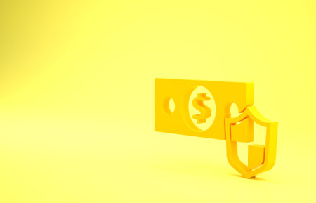 Yellow Money with shield icon isolated on yellow background. Insurance concept. Security, safety,...