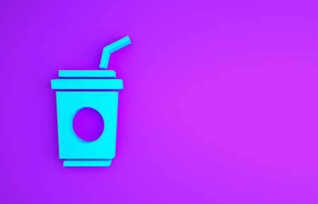 Blue Paper glass with drinking straw and water icon isolated on purple background. Soda drink glass. Fresh cold beverage symbol. Minimalism concept. 3d illustration 3D renderの写真素材