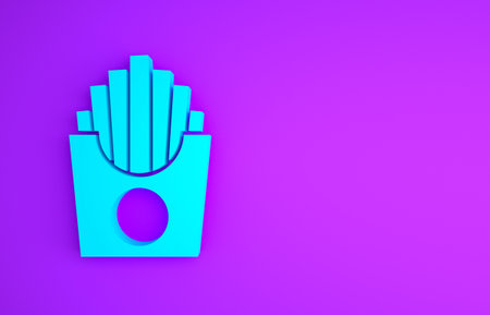Blue Potatoes french fries in carton package box icon isolated on purple background. Fast food menu. Minimalism concept. 3d illustration 3D renderの写真素材