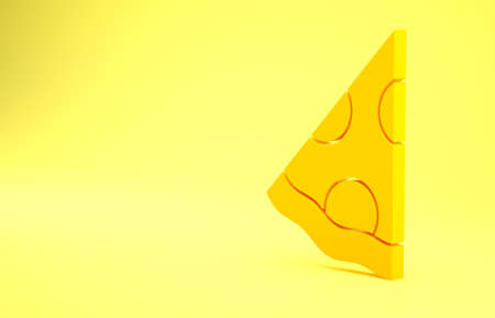 Yellow Slice of pizza icon isolated on yellow background. Fast food menu. Minimalism concept. 3d illustration 3D renderの写真素材