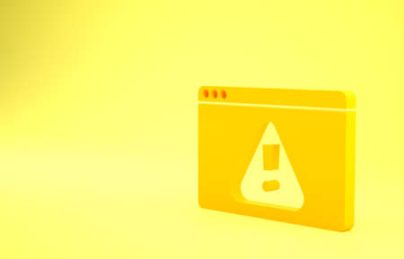 Yellow Browser with exclamation mark icon isolated on yellow background. Alert message smartphone notification. Minimalism concept. 3d illustration 3D renderの写真素材