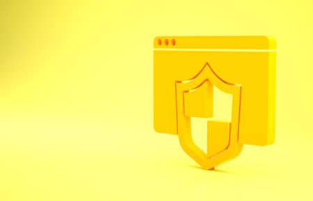 Yellow Browser with shield icon isolated on yellow background. Security, safety, protection, privacy concept. Minimalism concept. 3d illustration 3D renderの写真素材