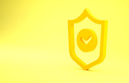 Yellow Shield with check mark icon isolated on yellow background. Protection symbol. Security check Icon. Tick mark approved icon. Minimalism concept. 3d illustration 3D renderの写真素材