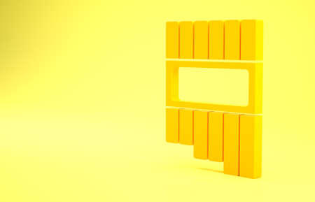 Yellow Pan flute icon isolated on yellow background. Traditional peruvian musical instrument. Zampona. Folk instrument from Peru, Bolivia and Mexico. Minimalism concept. 3d illustration 3D renderの写真素材