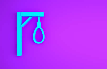 Blue Gallows rope loop hanging icon isolated on purple background. Rope tied into noose. Suicide, hanging or lynching. Minimalism concept. 3d illustration 3D renderの写真素材