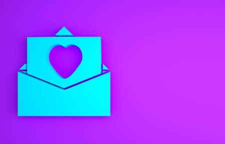 Blue Envelope with Valentine heart icon isolated on purple background. Message love. Letter love and romance. Minimalism concept. 3d illustration 3D renderの写真素材