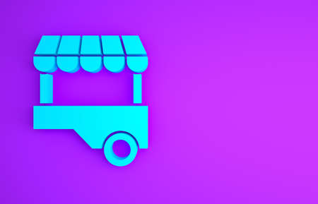 Blue Fast street food cart with awning icon isolated on purple background. Urban kiosk. Minimalism concept. 3d illustration 3D renderの写真素材