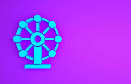 Blue Ferris wheel icon isolated on purple background. Amusement park. Childrens entertainment playground, recreation park. Minimalism concept. 3d illustration 3D renderの写真素材