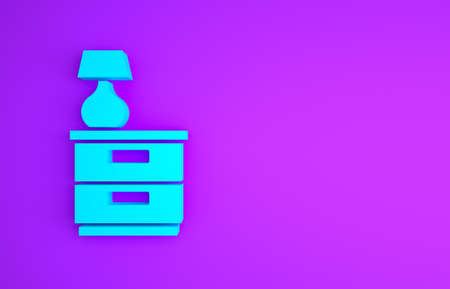 Blue Furniture nightstand with lamp icon isolated on purple background. Minimalism concept. 3d illustration 3D renderの写真素材