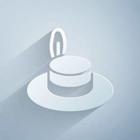 Paper cut Man hat with ribbon icon isolated on grey background. Paper art style. Vectorのイラスト素材