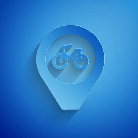 Paper cut Map pointer with bicycle icon isolated on blue background. Paper art style. Vectorのイラスト素材