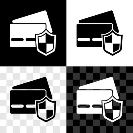Set Credit card with shield icon isolated on black and white, transparent background. Online payment. Cash withdrawal. Financial operations. Shopping sign. Vectorのイラスト素材