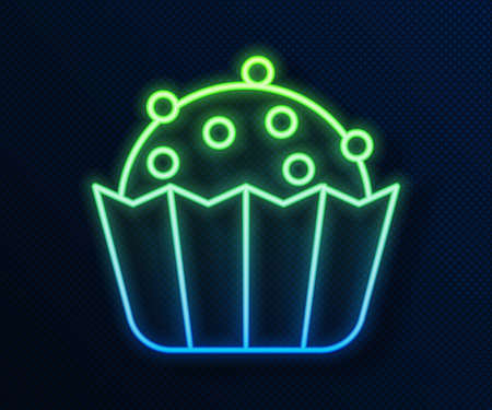 Glowing neon line Cupcake icon isolated on blue background. Vectorのイラスト素材
