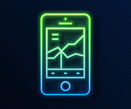 Glowing neon line Mobile stock trading concept icon isolated on blue background. Online trading, stock market analysis, business and investment. Vectorのイラスト素材