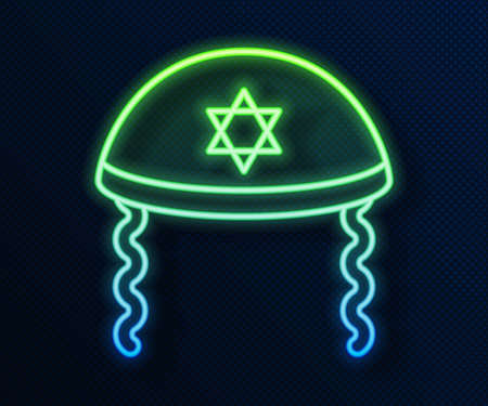 Glowing neon line Jewish kippah with star of david and sidelocks icon isolated on blue background. Jewish yarmulke hat. Vectorのイラスト素材