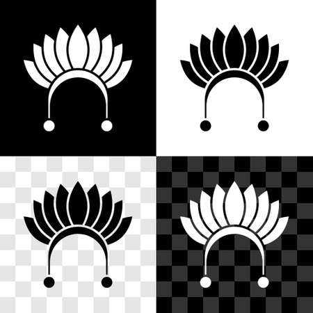 Set Indian headdress with feathers icon isolated on black and white, transparent background. Native american traditional headdress. Vectorのイラスト素材