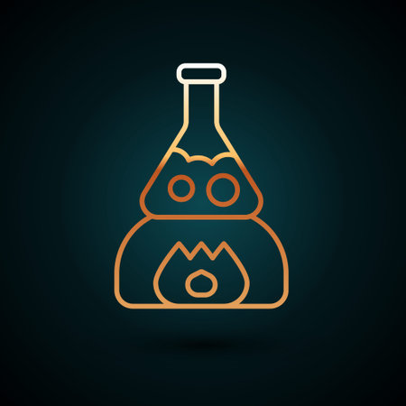 Gold line Glass test tube flask on fire heater experiment icon isolated on dark blue background. Laboratory equipment. Vectorのイラスト素材