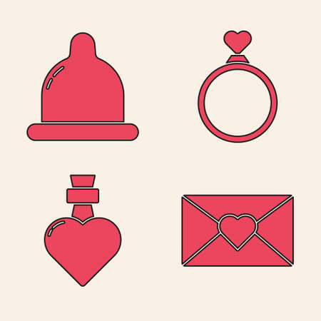 Set Envelope with Valentine heart, Condom, Wedding rings and Bottle with love potion icon. Vectorのイラスト素材