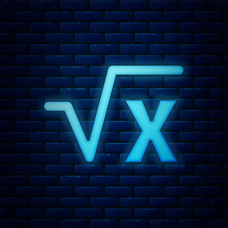 Glowing neon Square root of x glyph icon isolated on brick wall background. Mathematical expression. Vectorのイラスト素材