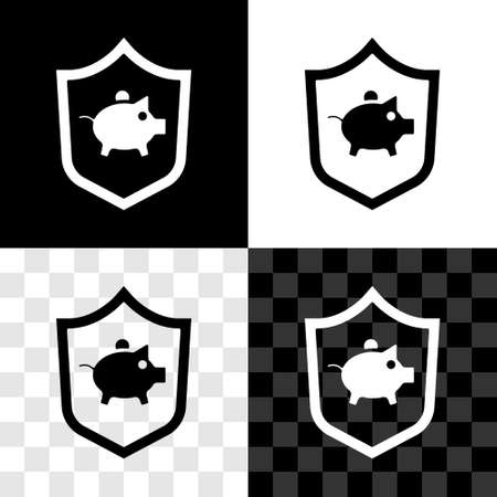 Set Piggy bank with shield icon isolated on black and white, transparent background. Icon saving or accumulation of money, investment. Vectorのイラスト素材