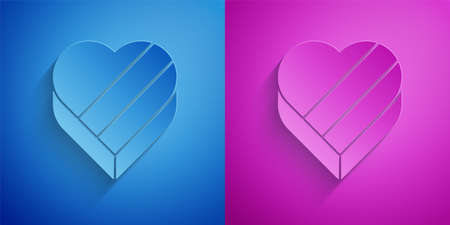 Paper cut Candy in heart shaped box and bow icon isolated on blue and purple background. Valentines Day. Paper art style. Vectorのイラスト素材