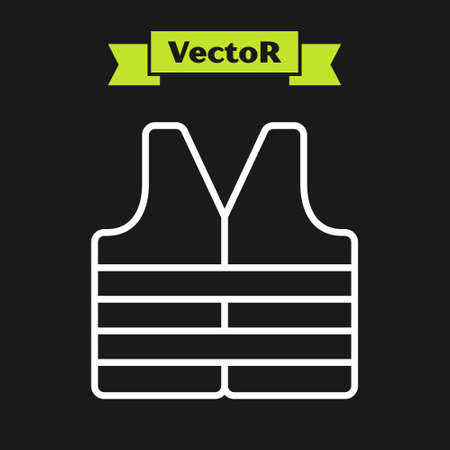 White line Life jacket icon isolated on black background. Life vest icon. Extreme sport. Sport equipment. Vectorのイラスト素材