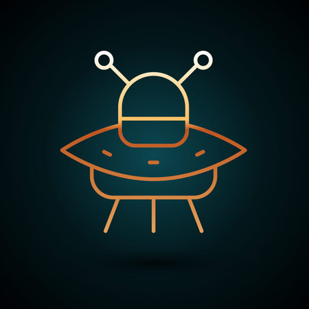 Gold line UFO flying spaceship icon isolated on dark blue background. Flying saucer. Alien space...