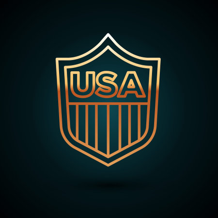 Gold line Shield with stars and stripes icon isolated on dark blue background. United States of America country flag. 4th of July. USA Independence day. Vectorのイラスト素材
