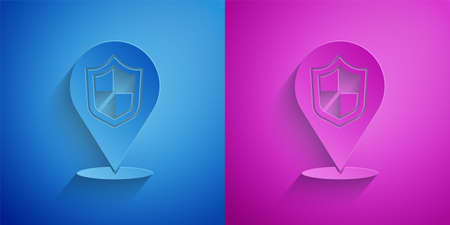 Paper cut Location shield icon isolated on blue and purple background. Insurance concept. Guard sign. Security, safety, protection, privacy concept. Paper art style. Vectorのイラスト素材