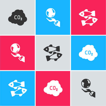 Set CO2 emissions in cloud, Hands holding Earth globe and Dead fish icon. Vectorのイラスト素材