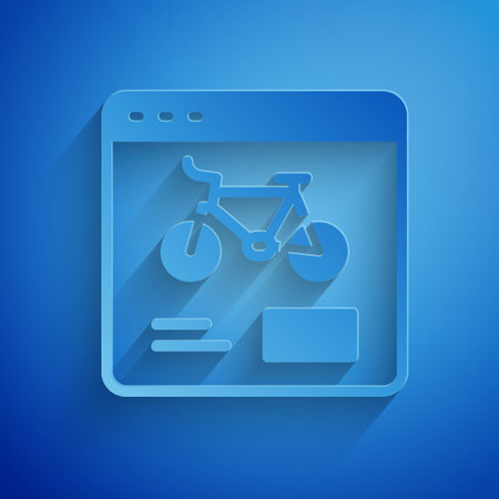 Paper cut Bicycle rental mobile app icon isolated on blue background. Smart service for rent bicycles in the city. Mobile app for sharing system. Paper art style. Vectorのイラスト素材