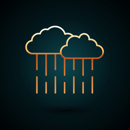 Gold line Cloud with rain icon isolated on dark blue background. Rain cloud precipitation with rain...