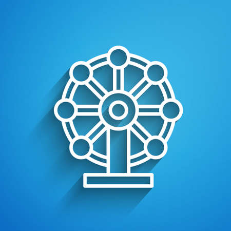 White line Ferris wheel icon isolated on blue background. Amusement park. Childrens entertainment playground, recreation park. Long shadow. Vectorのイラスト素材