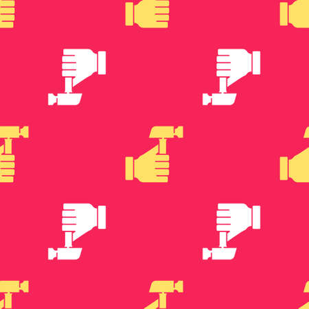 Yellow Hammer icon isolated seamless pattern on red background. Tool for repair. Vectorのイラスト素材