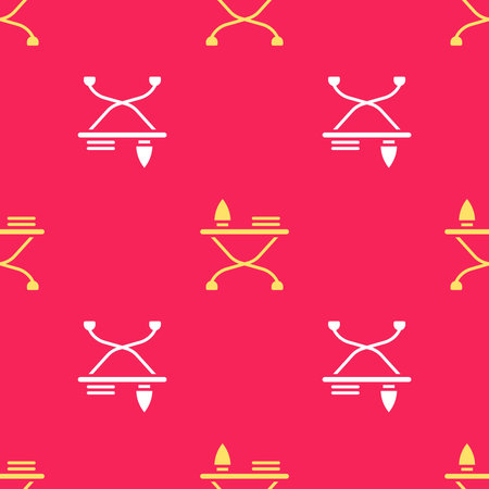 Yellow Electric iron and ironing board icon isolated seamless pattern on red background. Steam iron. Vectorのイラスト素材