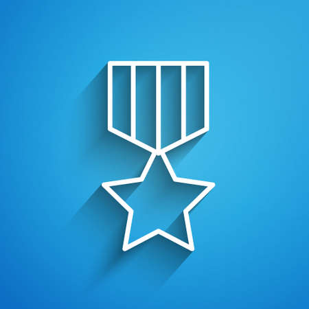 White line Military reward medal icon isolated on blue background. Army sign. Long shadow. Vectorのイラスト素材