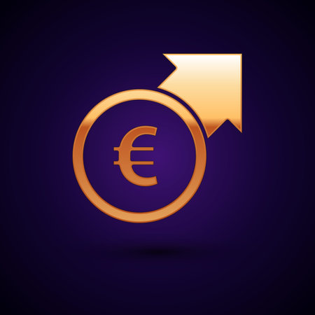 Gold Financial growth and euro coin icon isolated on black background. Increasing revenue. Vectorのイラスト素材
