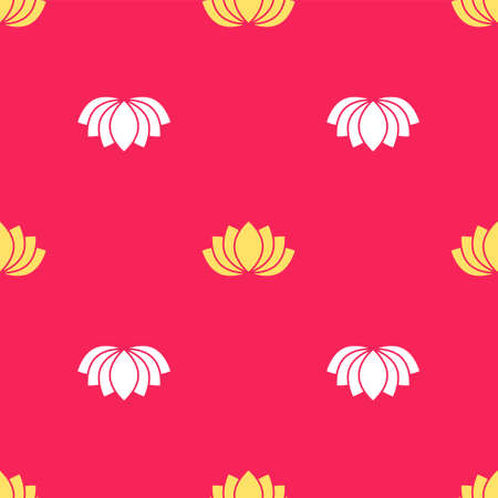 Yellow Lotus flower icon isolated seamless pattern on red background. Vectorのイラスト素材