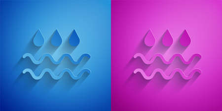 Paper cut Wave with water drop icon isolated on blue and purple background. Paper art style. Vectorのイラスト素材