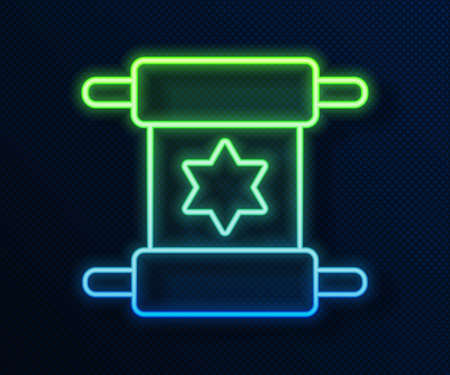Glowing neon line Torah scroll icon isolated on blue background. Jewish Torah in expanded form. Star of David symbol. Old parchment scroll. Vectorのイラスト素材