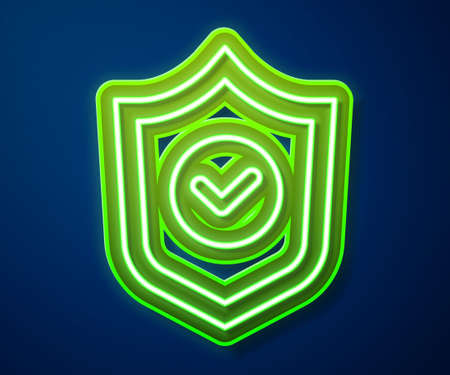 Glowing neon line Shield with check mark icon isolated on blue background. Protection symbol. Security check Icon. Tick mark approved icon. Vectorのイラスト素材