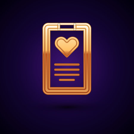Gold Medical clipboard with clinical record icon isolated on black background. Prescription, medical check marks report. Vectorのイラスト素材