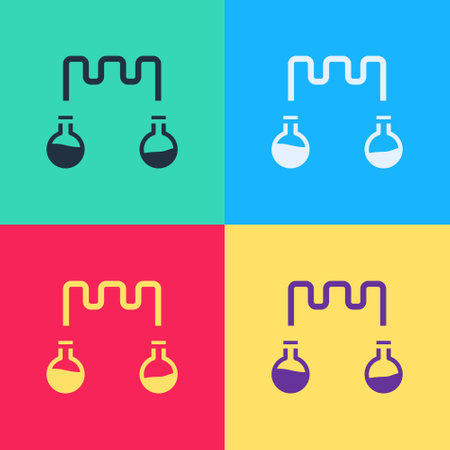Pop art Test tube and flask - chemical laboratory test icon isolated on color background. Fluid transfer system. Laboratory glassware sign. Vectorのイラスト素材