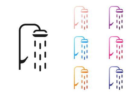 Black Shower head with water drops flowing icon isolated on white background. Set icons colorful. Vectorのイラスト素材