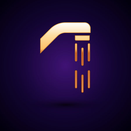 Gold Shower head with water drops flowing icon isolated on black background. Vectorのイラスト素材