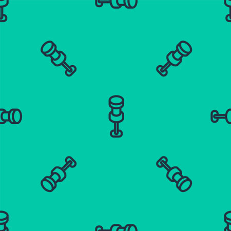 Blue line Push pin icon isolated seamless pattern on green background. Thumbtacks sign. Vectorのイラスト素材
