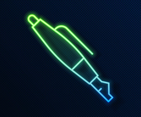 Glowing neon line Fountain pen nib icon isolated on blue background. Pen tool sign. Vectorのイラスト素材